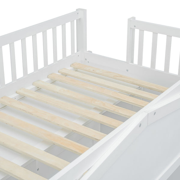 HomeRoots White Four Poster Twin Loft Bed with Under-Bed Storage Drawer & Cabinet - Stylish & Durable Design 592887