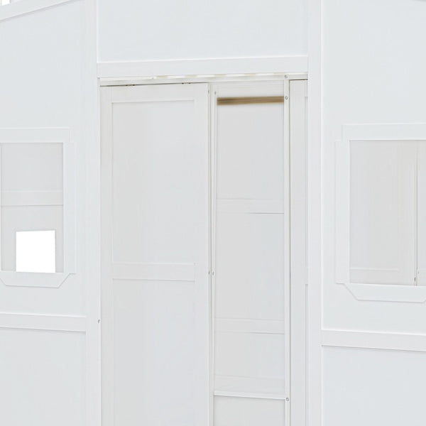 HomeRoots White Four Poster Twin Loft Bed with Under-Bed Storage Drawer & Cabinet - Stylish & Durable Design 592887
