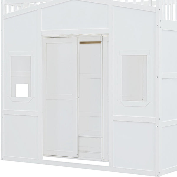 HomeRoots White Four Poster Twin Loft Bed with Under-Bed Storage Drawer & Cabinet - Stylish & Durable Design 592887