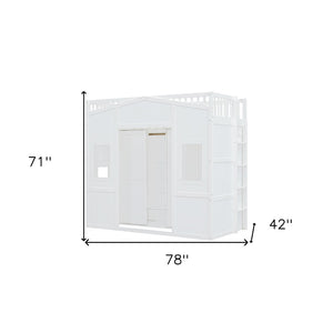 HomeRoots White Four Poster Twin Loft Bed with Under-Bed Storage Drawer & Cabinet - Stylish & Durable Design 592887