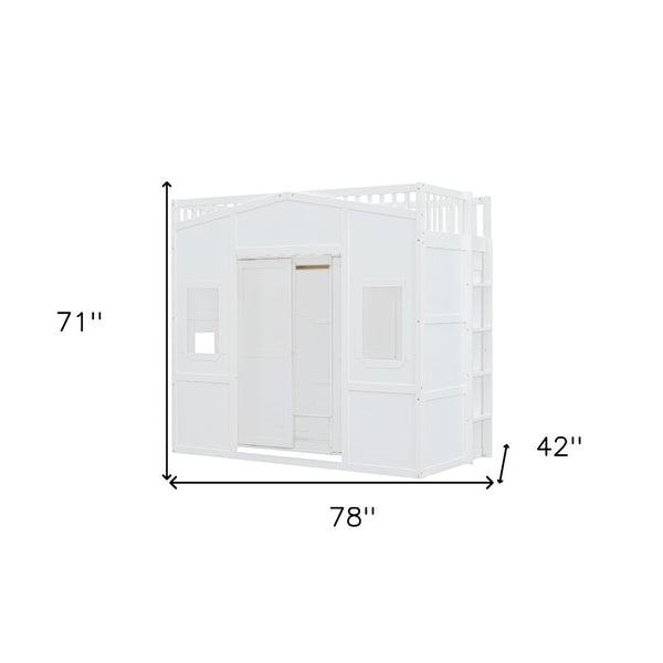 HomeRoots White Four Poster Twin Loft Bed with Under-Bed Storage Drawer & Cabinet - Stylish & Durable Design 592887
