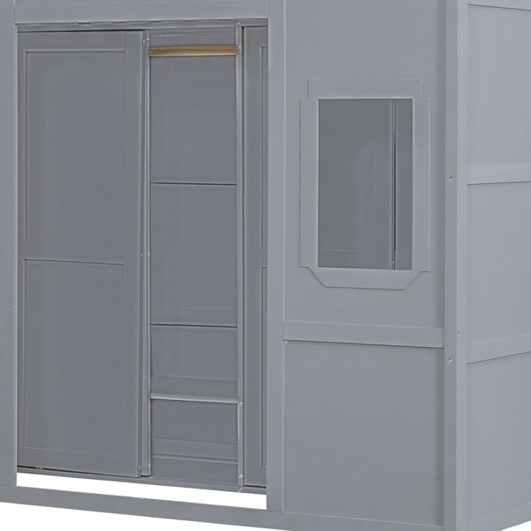 HomeRoots Gray Twin Loft Bed with Four Posters, Smart Storage Drawer, and Stylish Cabinet for Small Rooms 592888