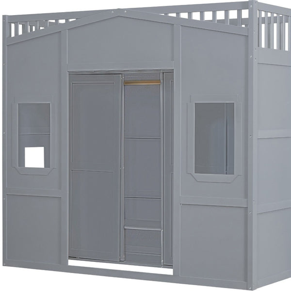 HomeRoots Gray Twin Loft Bed with Four Posters, Smart Storage Drawer, and Stylish Cabinet for Small Rooms 592888