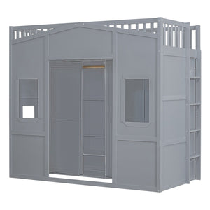 HomeRoots Gray Twin Loft Bed with Four Posters, Smart Storage Drawer, and Stylish Cabinet for Small Rooms 592888