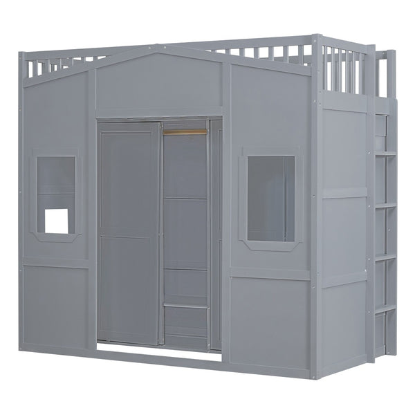 HomeRoots Gray Twin Loft Bed with Four Posters, Smart Storage Drawer, and Stylish Cabinet for Small Rooms 592888