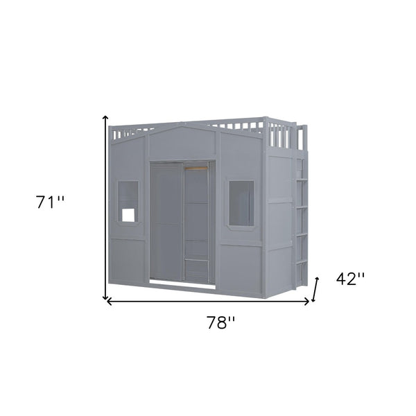 HomeRoots Gray Twin Loft Bed with Four Posters, Smart Storage Drawer, and Stylish Cabinet for Small Rooms 592888