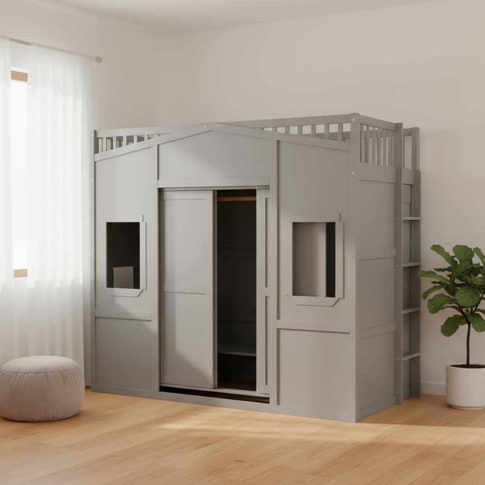 HomeRoots Gray Twin Loft Bed with Four Posters, Smart Storage Drawer, and Stylish Cabinet for Small Rooms 592888