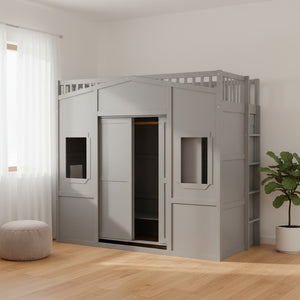 HomeRoots Gray Twin Loft Bed with Four Posters, Smart Storage Drawer, and Stylish Cabinet for Small Rooms 592888