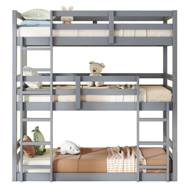 English Elm Triple Rubber Wood Bunk Bed with Built-In Ladders and Guardrails Maximizes Space for Families, Durable Design Grey W504S00174