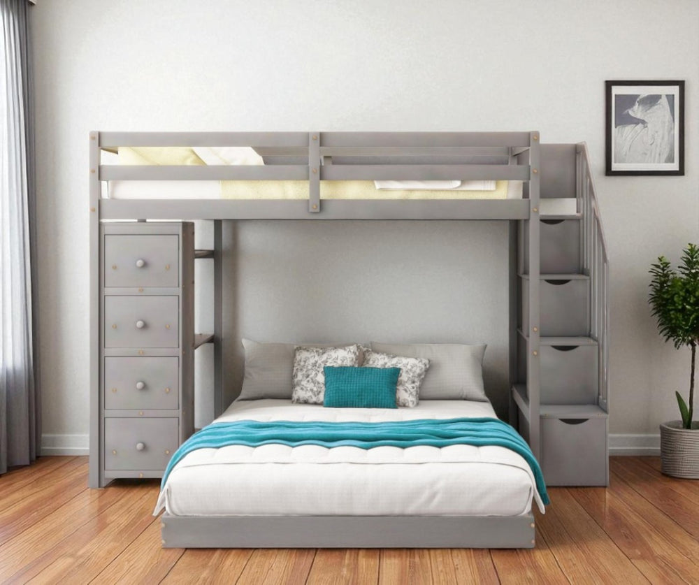 HomeRoots Gray Twin Over Full Bunk Bed with Stairs, Storage Drawers, and Versatile Design for Kids' Rooms 592889