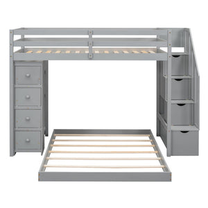 HomeRoots Gray Twin Over Full Bunk Bed with Stairs, Storage Drawers, and Versatile Design for Kids' Rooms 592889