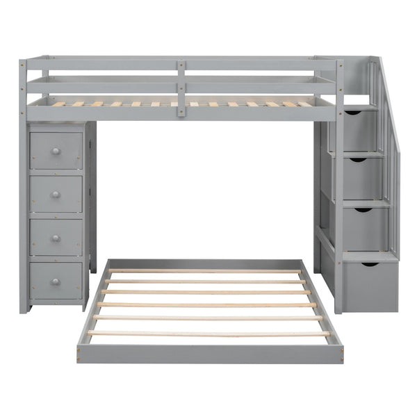 HomeRoots Gray Twin Over Full Bunk Bed with Stairs, Storage Drawers, and Versatile Design for Kids' Rooms 592889