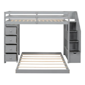 HomeRoots Gray Twin Over Full Bunk Bed with Stairs, Storage Drawers, and Versatile Design for Kids' Rooms 592889