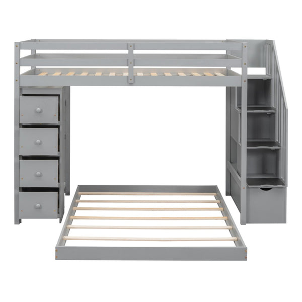 HomeRoots Gray Twin Over Full Bunk Bed with Stairs, Storage Drawers, and Versatile Design for Kids' Rooms 592889