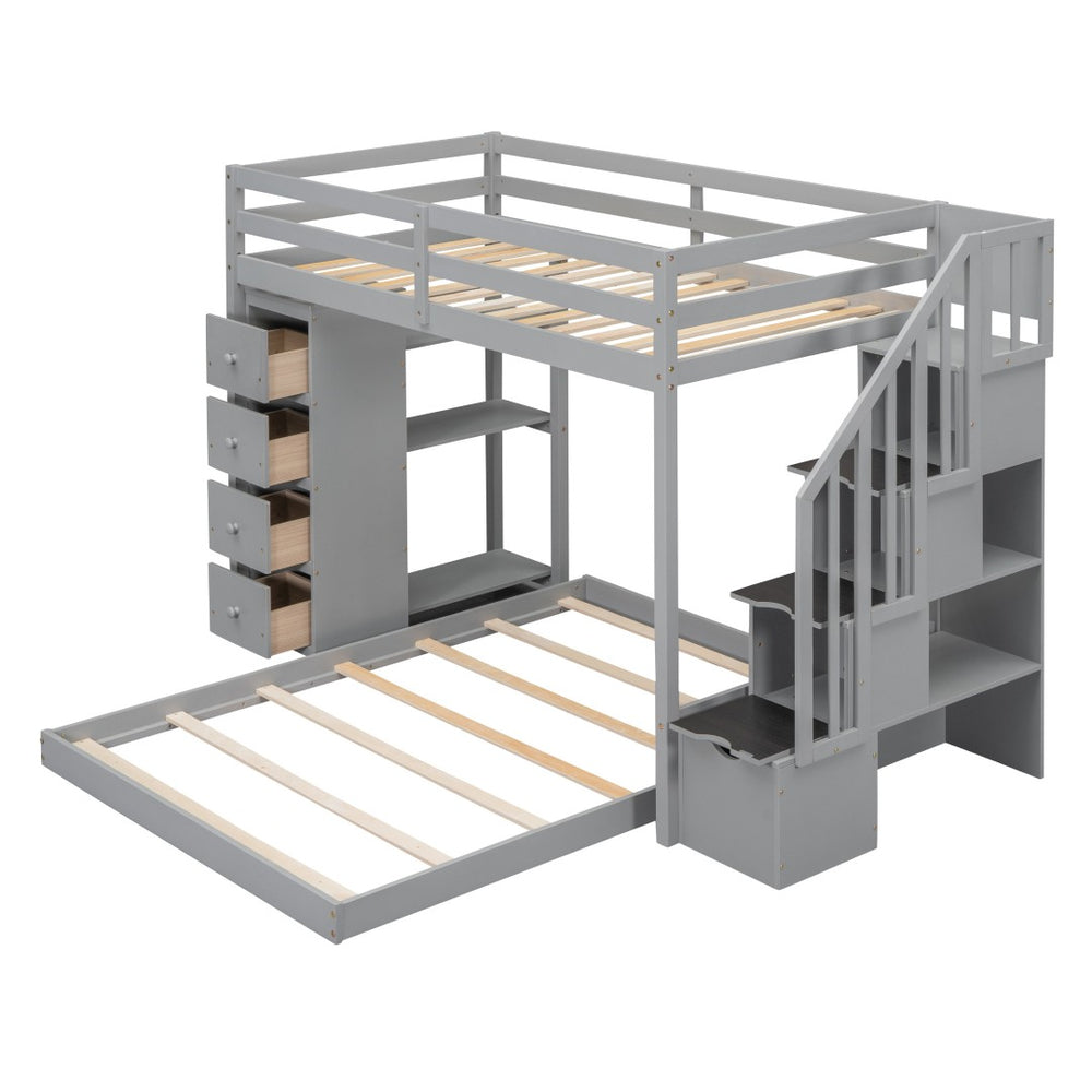 HomeRoots Gray Twin Over Full Bunk Bed with Stairs, Storage Drawers, and Versatile Design for Kids' Rooms 592889