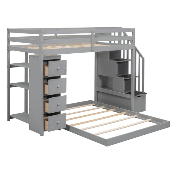 HomeRoots Gray Twin Over Full Bunk Bed with Stairs, Storage Drawers, and Versatile Design for Kids' Rooms 592889