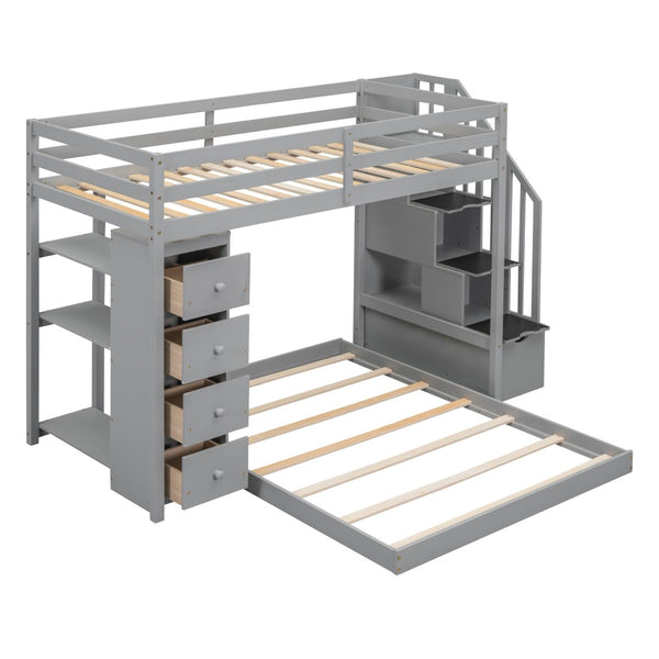 HomeRoots Gray Twin Over Full Bunk Bed with Stairs, Storage Drawers, and Versatile Design for Kids' Rooms 592889
