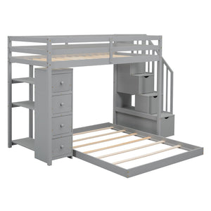 HomeRoots Gray Twin Over Full Bunk Bed with Stairs, Storage Drawers, and Versatile Design for Kids' Rooms 592889