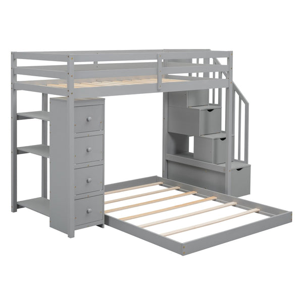 HomeRoots Gray Twin Over Full Bunk Bed with Stairs, Storage Drawers, and Versatile Design for Kids' Rooms 592889