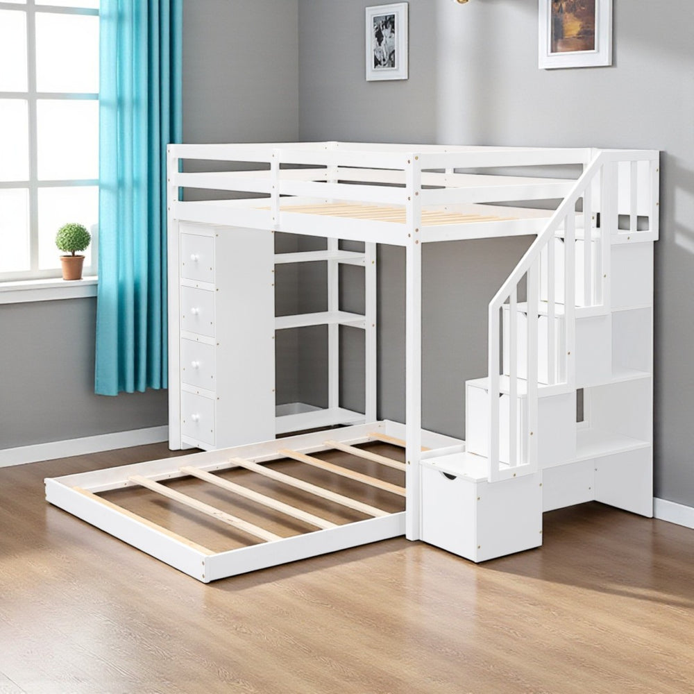 HomeRoots White Twin Over Full Bunk Bed with Safe Stairs, Storage Drawers, and Versatile Design for Bedrooms 592890