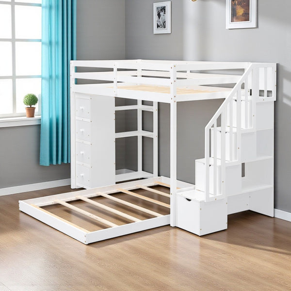 HomeRoots White Twin Over Full Bunk Bed with Safe Stairs, Storage Drawers, and Versatile Design for Bedrooms 592890