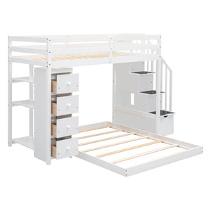 HomeRoots White Twin Over Full Bunk Bed with Safe Stairs, Storage Drawers, and Versatile Design for Bedrooms 592890