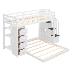 HomeRoots White Twin Over Full Bunk Bed with Safe Stairs, Storage Drawers, and Versatile Design for Bedrooms 592890