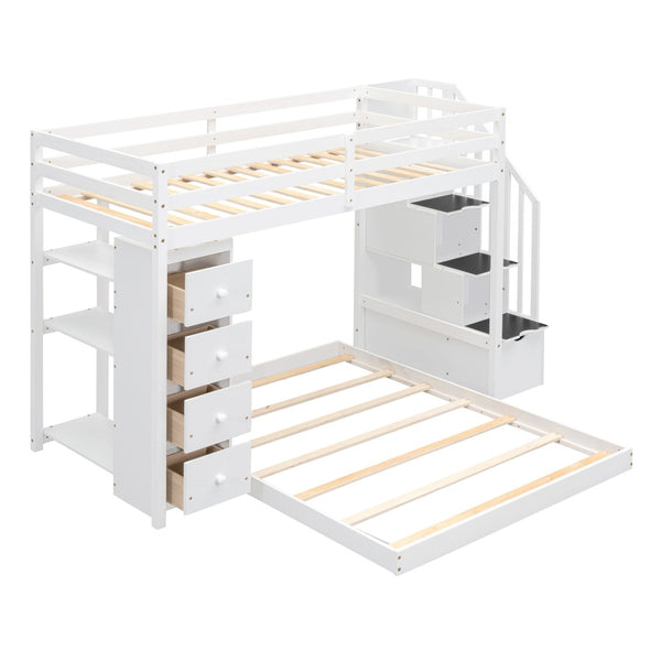 HomeRoots White Twin Over Full Bunk Bed with Safe Stairs, Storage Drawers, and Versatile Design for Bedrooms 592890