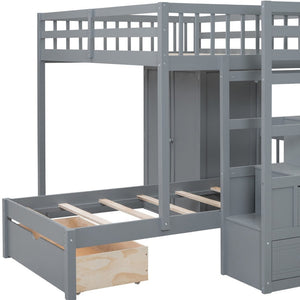 HomeRoots Gray Full-Over-Twin Solid Wood Bunk Bed with Stairs, Storage Drawers, and Safety Guardrails 592891