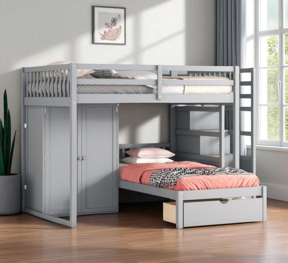HomeRoots Gray Full-Over-Twin Solid Wood Bunk Bed with Stairs, Storage Drawers, and Safety Guardrails 592891