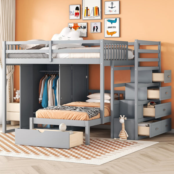 HomeRoots Gray Full-Over-Twin Solid Wood Bunk Bed with Stairs, Storage Drawers, and Safety Guardrails 592891