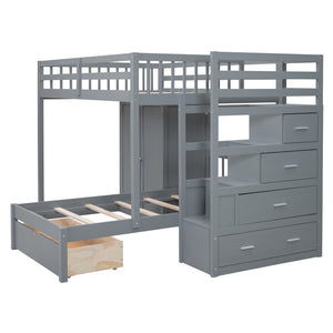 HomeRoots Gray Full-Over-Twin Solid Wood Bunk Bed with Stairs, Storage Drawers, and Safety Guardrails 592891