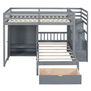 HomeRoots Gray Full-Over-Twin Solid Wood Bunk Bed with Stairs, Storage Drawers, and Safety Guardrails 592891