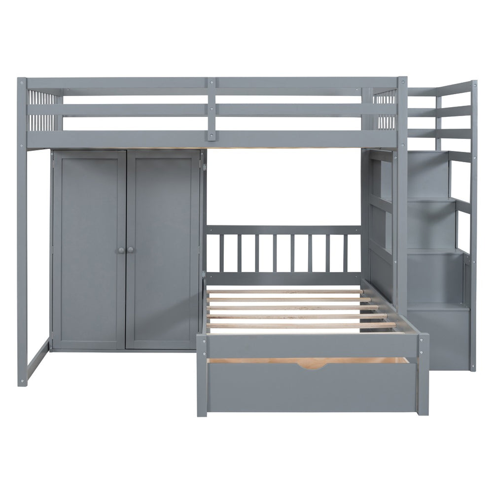 HomeRoots Gray Full-Over-Twin Solid Wood Bunk Bed with Stairs, Storage Drawers, and Safety Guardrails 592891