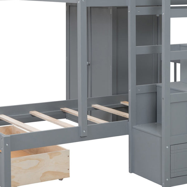 HomeRoots Gray Full-Over-Twin Solid Wood Bunk Bed with Stairs, Storage Drawers, and Safety Guardrails 592891