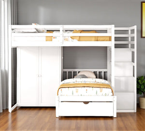 HomeRoots White Full Over Twin Bunk Bed with Stylish Storage Stairs, Guardrails, and Versatile Design Options 592892
