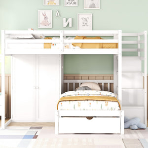 HomeRoots White Full Over Twin Bunk Bed with Stylish Storage Stairs, Guardrails, and Versatile Design Options 592892