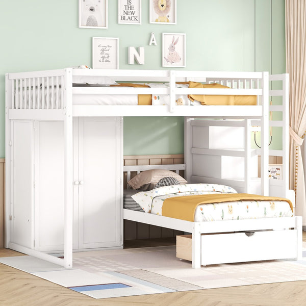 HomeRoots White Full Over Twin Bunk Bed with Stylish Storage Stairs, Guardrails, and Versatile Design Options 592892
