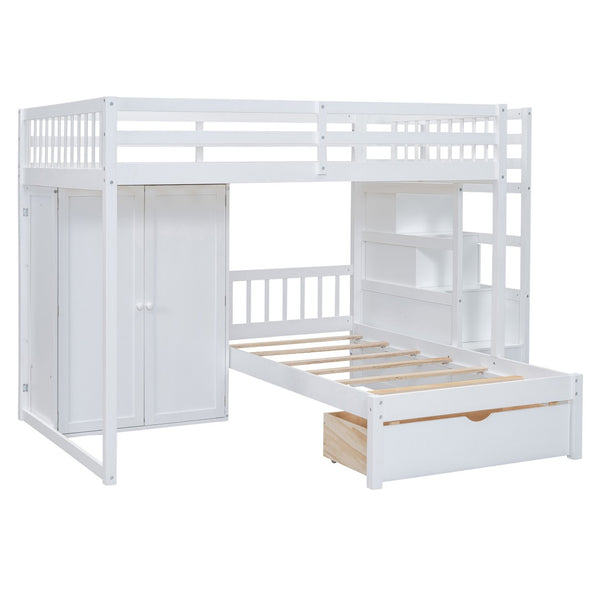 HomeRoots White Full Over Twin Bunk Bed with Stylish Storage Stairs, Guardrails, and Versatile Design Options 592892
