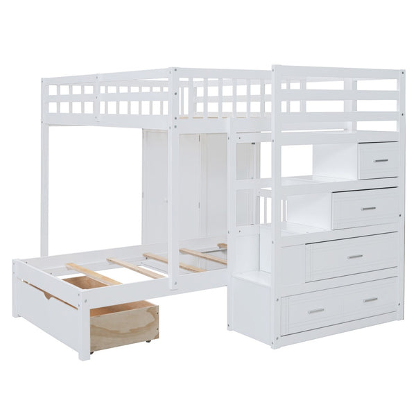 HomeRoots White Full Over Twin Bunk Bed with Stylish Storage Stairs, Guardrails, and Versatile Design Options 592892
