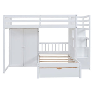 HomeRoots White Full Over Twin Bunk Bed with Stylish Storage Stairs, Guardrails, and Versatile Design Options 592892
