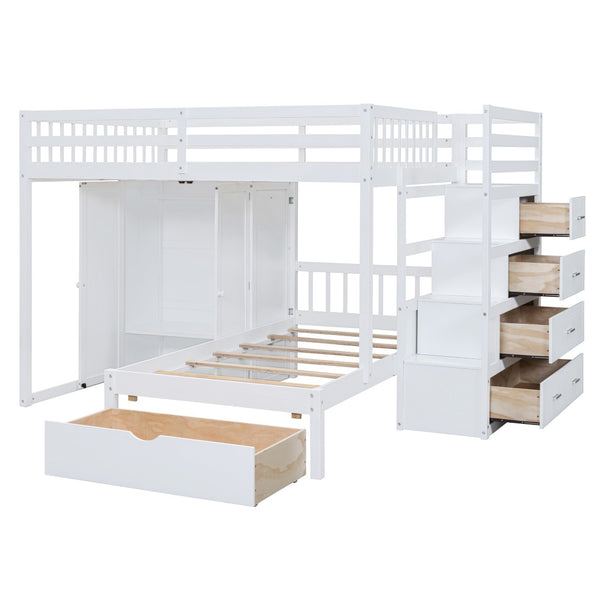 HomeRoots White Full Over Twin Bunk Bed with Stylish Storage Stairs, Guardrails, and Versatile Design Options 592892