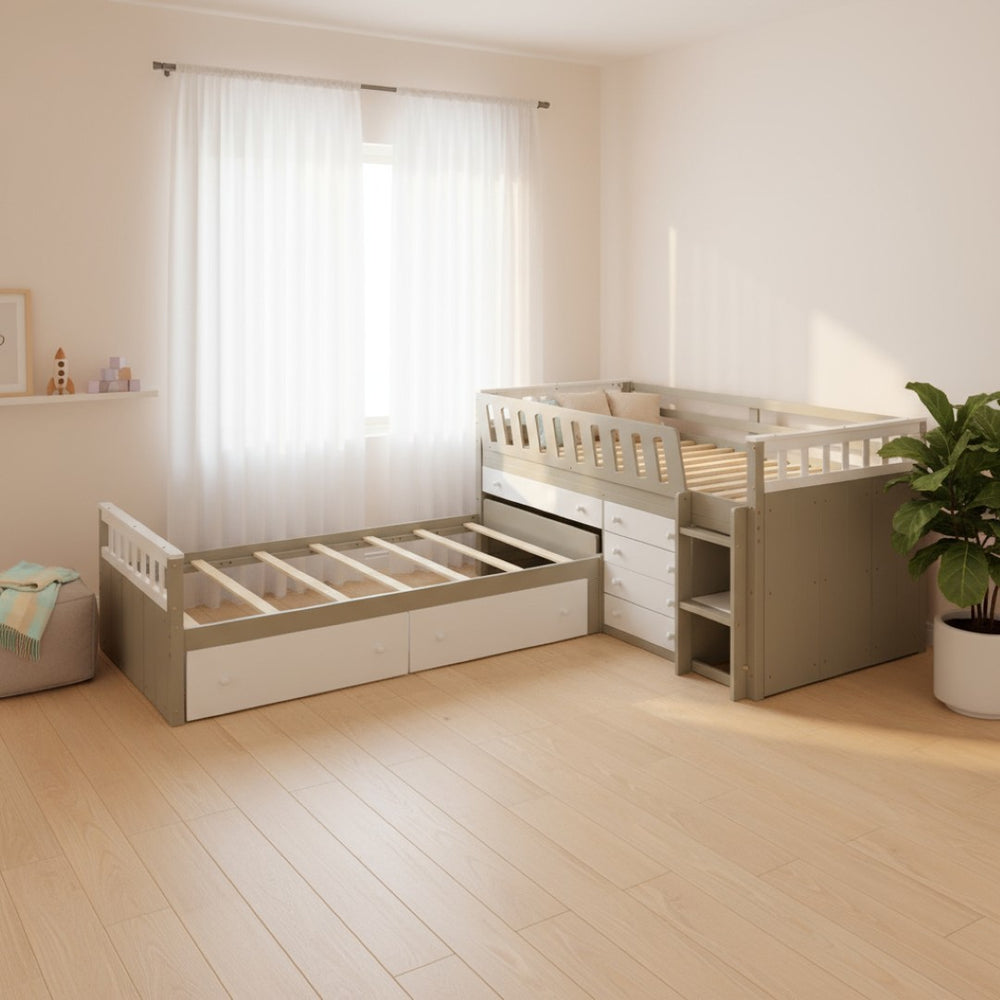 HomeRoots Taupe Four Poster Twin Loft Bed with Trundle, Drawers & Shelves - Stylish Space Saver for Kids! 592893