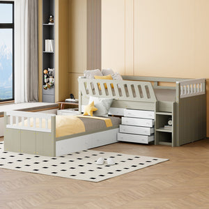 HomeRoots Taupe Four Poster Twin Loft Bed with Trundle, Drawers & Shelves - Stylish Space Saver for Kids! 592893