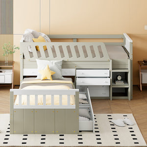 HomeRoots Taupe Four Poster Twin Loft Bed with Trundle, Drawers & Shelves - Stylish Space Saver for Kids! 592893
