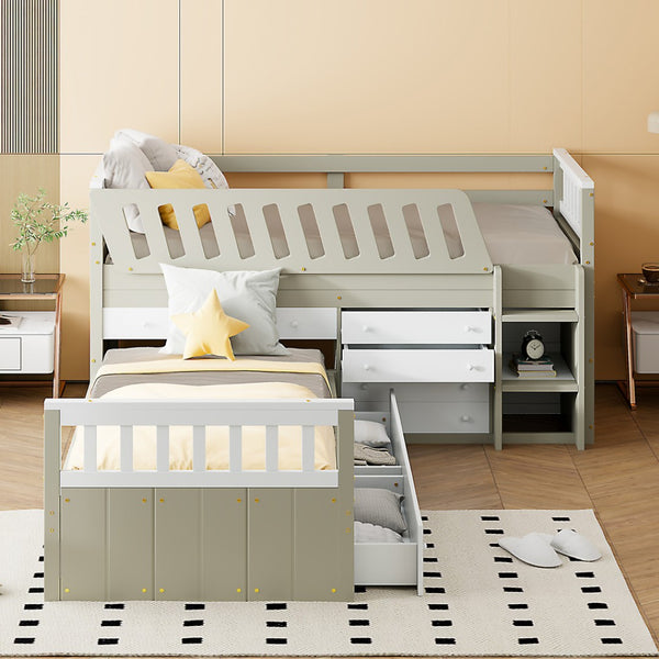 HomeRoots Taupe Four Poster Twin Loft Bed with Trundle, Drawers & Shelves - Stylish Space Saver for Kids! 592893