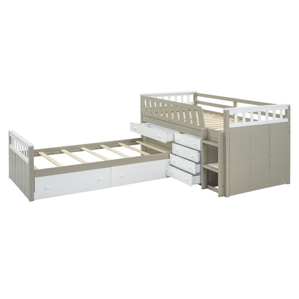 HomeRoots Taupe Four Poster Twin Loft Bed with Trundle, Drawers & Shelves - Stylish Space Saver for Kids! 592893