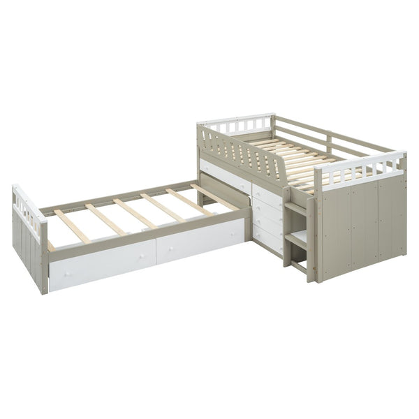 HomeRoots Taupe Four Poster Twin Loft Bed with Trundle, Drawers & Shelves - Stylish Space Saver for Kids! 592893
