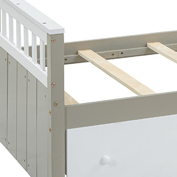 HomeRoots Taupe Four Poster Twin Loft Bed with Trundle, Drawers & Shelves - Stylish Space Saver for Kids! 592893