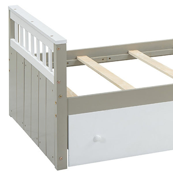 HomeRoots Taupe Four Poster Twin Loft Bed with Trundle, Drawers & Shelves - Stylish Space Saver for Kids! 592893